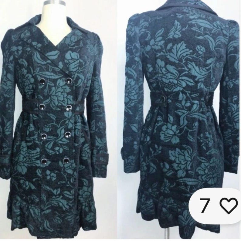 Elevenses from Anthropologie Quilted Double Breasted Pea Coat w Emerald Brocade image 1