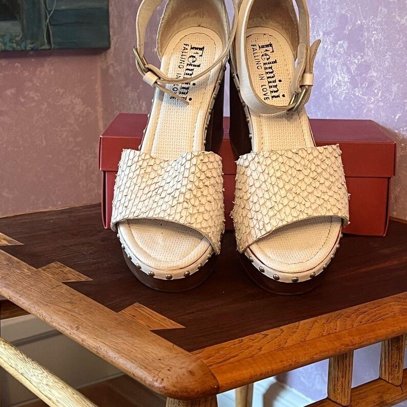 Felmini Python Leather Platform Clogs with Wooden Heel and ankle straps image 3