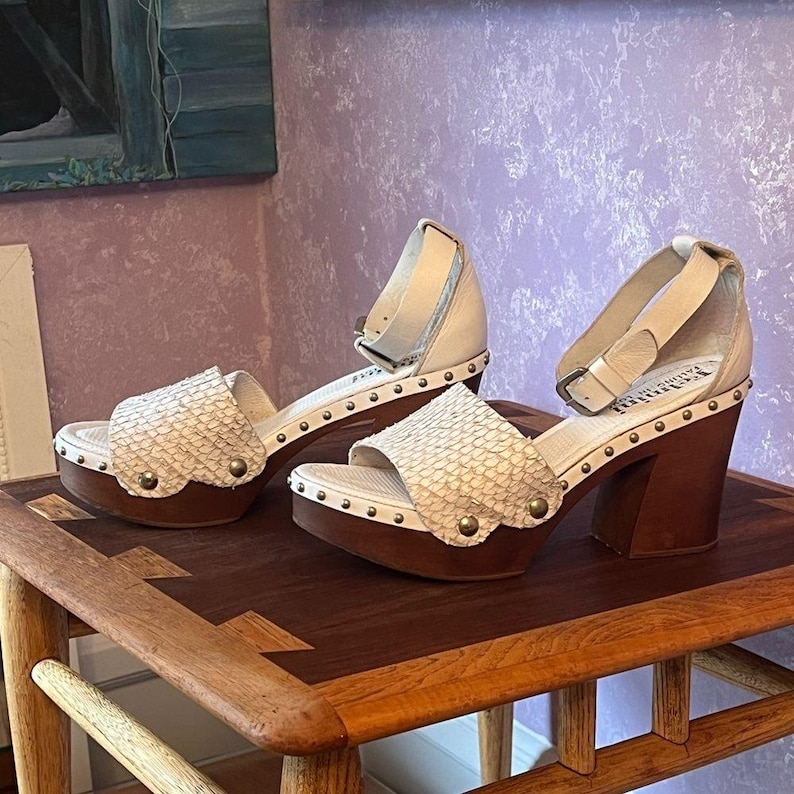 Felmini Python Leather Platform Clogs with Wooden Heel and ankle straps image 7