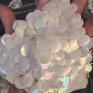 Puede incluir: Un accesorio blanco nacarado con lentejuelas. Las lentejuelas redondas se superponen, creando una superficie texturizada. Las lentejuelas tienen un brillo iridiscente, que refleja colores como el rosa, el verde y el azul. El accesorio parece ser un art&iacute;culo decorativo.