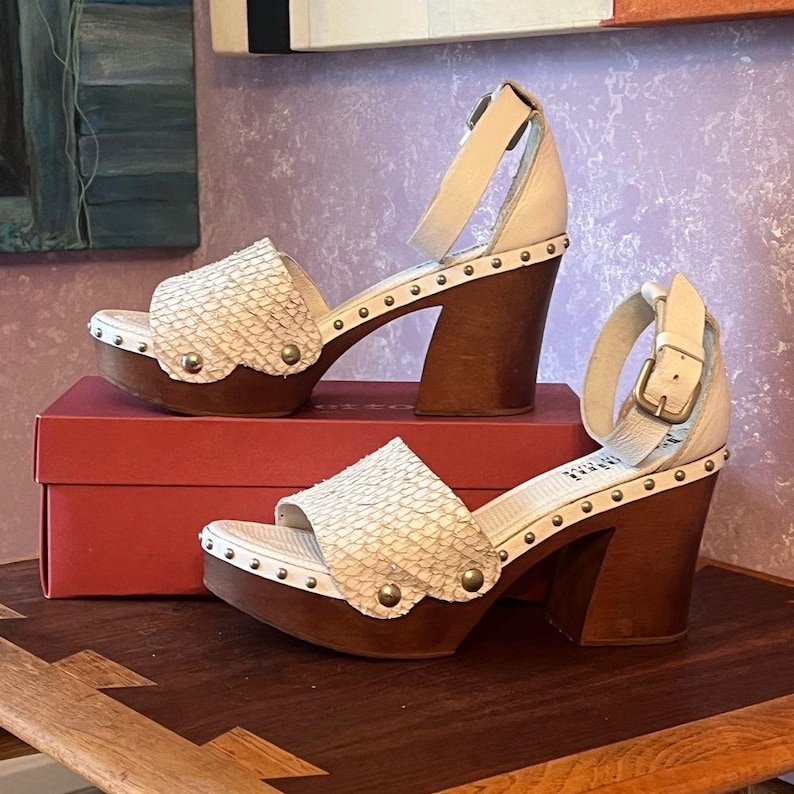 Felmini Python Leather Platform Clogs with Wooden Heel and ankle straps image 1