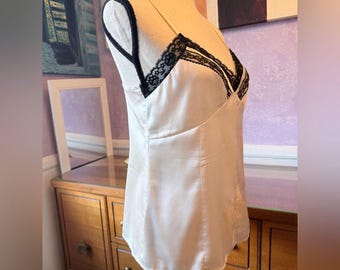 SILK SZ S Vintage Moda Cream and Black Lace Chemise