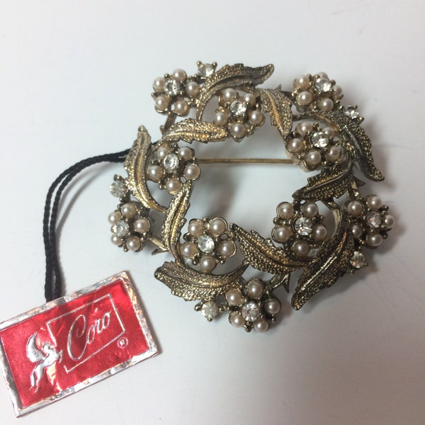 Vintage Coro Brooch Pin with Original Tag, Wreath Brooch with Pearls and Rhinestones