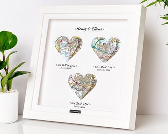 Special Locations Cherished Memories Gift.  Three Love Heart Map Design handmade by A Gift of Happiness - Customised Framed Map Present