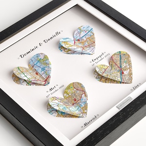 Cadeau van bruidegom tot bruid, cadeau van bruid tot bruidegom, op trouwdag, sentimenteel, gepersonaliseerd kaartcadeau in diepe doos glazen frame, herinneringen Black Frame 4 Maps