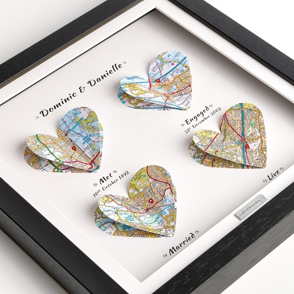 Gift from Groom to Bride, Gift from Bride to Groom,  on Wedding Day, Sentimental, Personalised Map Gift in Deep Box Glass Frame, Memories