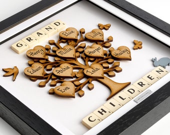 GRAND CHILDREN Personalised FAMILY Tree 3D Box Picture Frame with Scrabble, Rabbit, Dove and Butterflies and Name Hearts- Contemporary