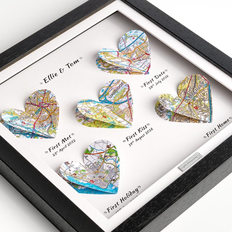 First Met, First Date, First Kiss, Fiance Anniversary Gift Present - Personalised Maps Frame - OS Heart Maps Black Frame 5 Maps