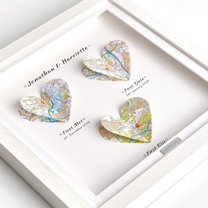First Met, First Date, First Kiss, Fiance Anniversary Gift Present - Personalised Maps Frame - OS Heart Maps White Frame 3 Maps