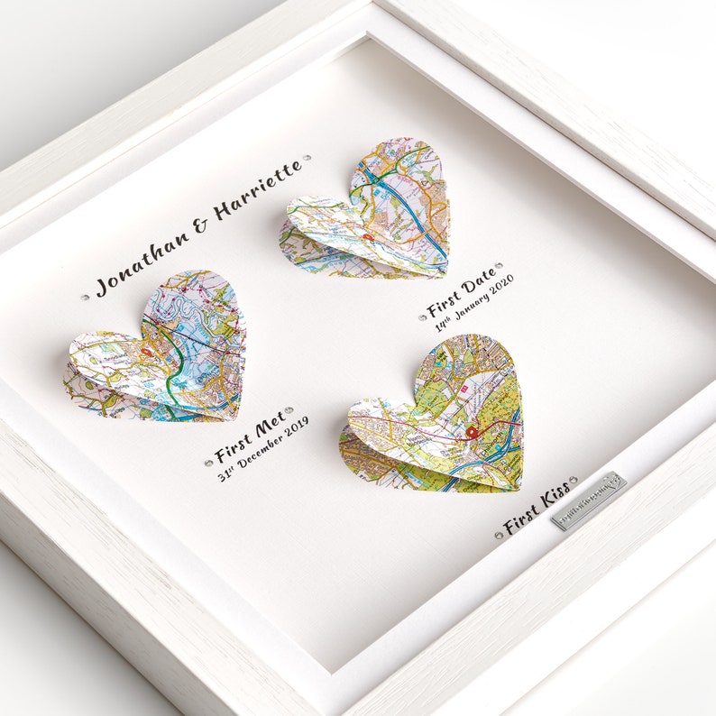 First Met, First Date, First Kiss, Fiance Anniversary Gift Present - Personalised Maps Frame - OS Heart Maps White Frame 3 Maps