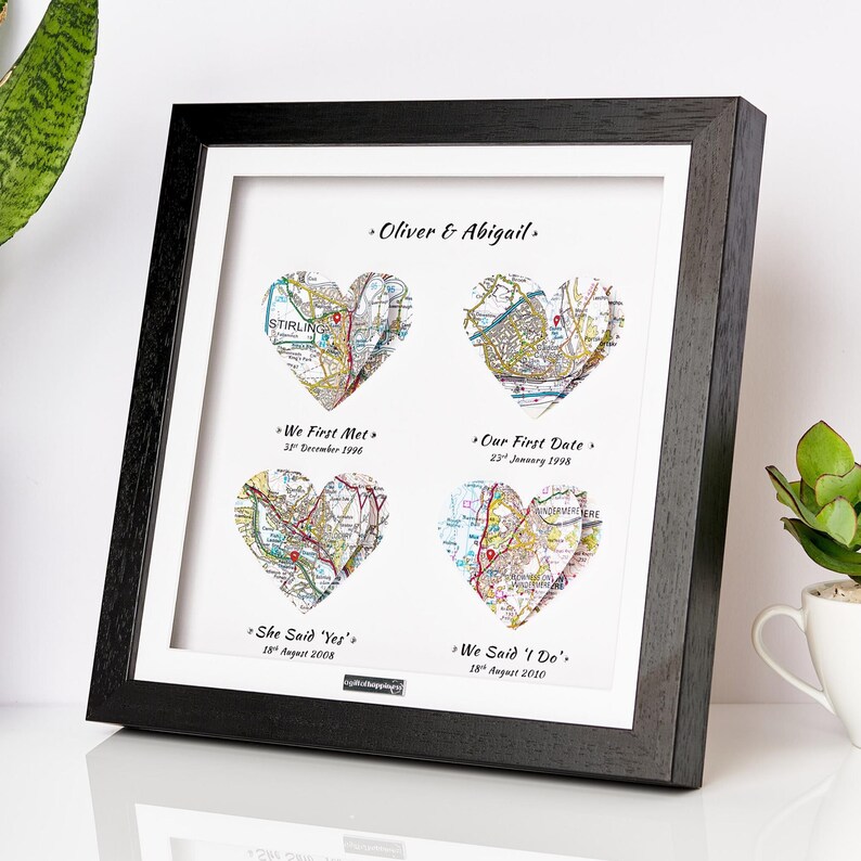 First Met, First Date, First Kiss, Fiance Anniversary Gift Present - Personalised Maps Frame - OS Heart Maps Black Frame 4 Maps