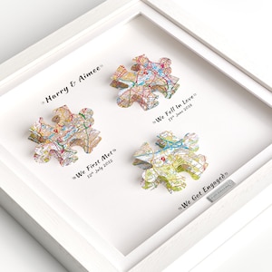 Nous nous sommes rencontrés pour la première fois, nous sommes tombés amoureux, nous nous sommes fiancés, cadeau de fiançailles pour anniversaire de mariage - cadre de cartes personnalisé - carte puzzle OS Maps