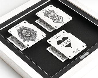 Gift from Groom to Bride, Gift from Bride to Groom, on Wedding Day, Personalised Playing Cards Deep Box Glass Frame, King Queen Lion Lioness