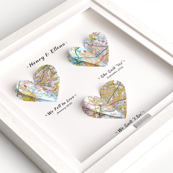 Regalo de imagen de mapas de aniversario de papel de 1 año en marco de caja de madera maciza - Diseño de mapas de papel personalizado Ideas de regalo para el primer aniversario de boda