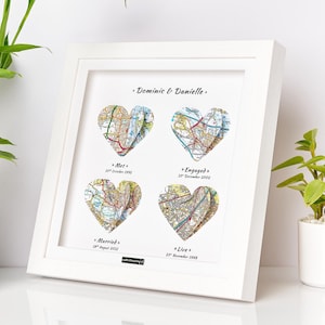 First Met, First Date, First Kiss, Fiance Anniversary Gift Present - Personalised Maps Frame - OS Heart Maps White Frame 4 Maps