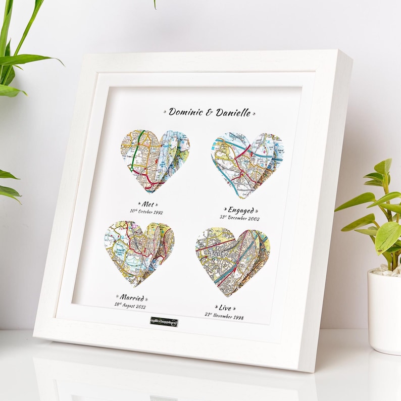 First Met, First Date, First Kiss, Fiance Anniversary Gift Present - Personalised Maps Frame - OS Heart Maps White Frame 4 Maps