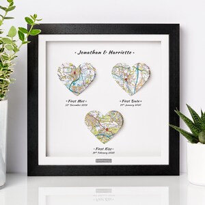 First Met, First Date, First Kiss, Fiance Anniversary Gift Present - Personalised Maps Frame - OS Heart Maps image 2