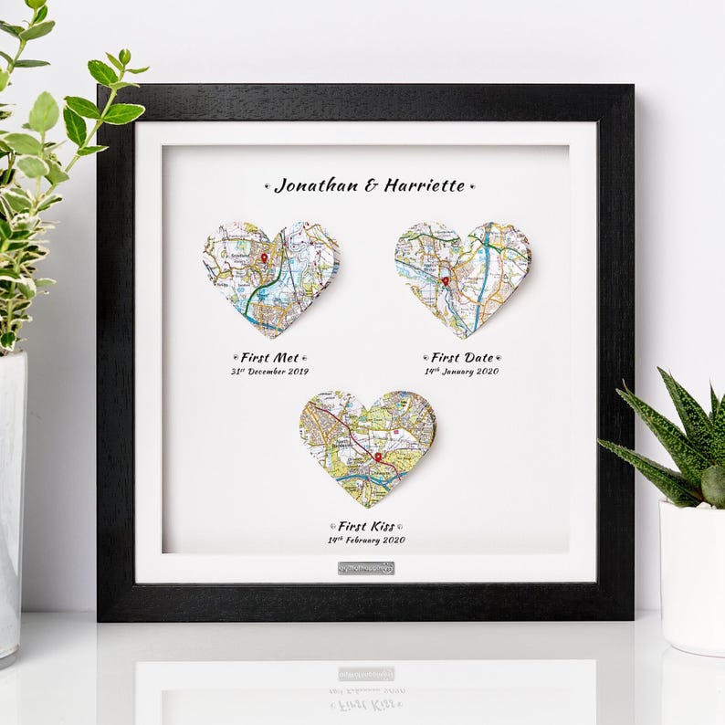 First Met, First Date, First Kiss, Fiance Anniversary Gift Present - Personalised Maps Frame - OS Heart Maps image 2