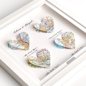 Wir haben uns zum ersten Mal getroffen, unser erstes Date, sie hat Ja gesagt, wir haben gesagt, dass ich es tue, Hochzeitstag Ehemann Geschenk - personalisierte Karten Rahmen - OS Heart Maps