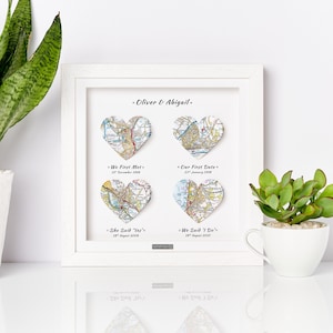Wooden Anniversary Personalised Map Print Gift in Solid Wood Deep Box Frame. Five Year Wedding Anniversary Present