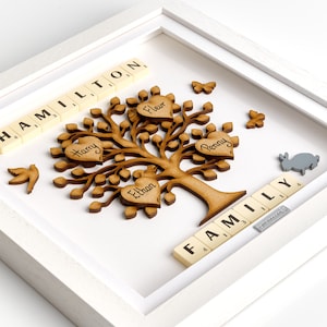 CORNICE ALBERO GENEALOGICO - Una cornice personalizzata con albero genealogico a tema foresta con tessere Scrabble e alberi di legno, cuori e vita della foresta