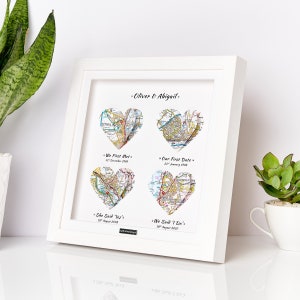 Cadeau van bruidegom tot bruid, cadeau van bruid tot bruidegom, op trouwdag, sentimenteel, gepersonaliseerd kaartcadeau in diepe doos glazen frame, herinneringen White Frame 4 Maps