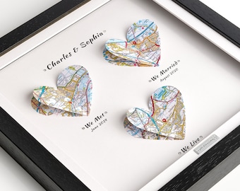 Immagine personalizzata del piano dei cuori con mappa / Ci siamo incontrati, ci siamo sposati / Regalo di nozze / Immagine stampata mappa personalizzata / Anniversario di carta /