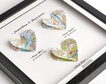 First Met, First Date, First Kiss, Fiance Anniversary Gift Present - Personalised Maps Frame - OS Heart Maps