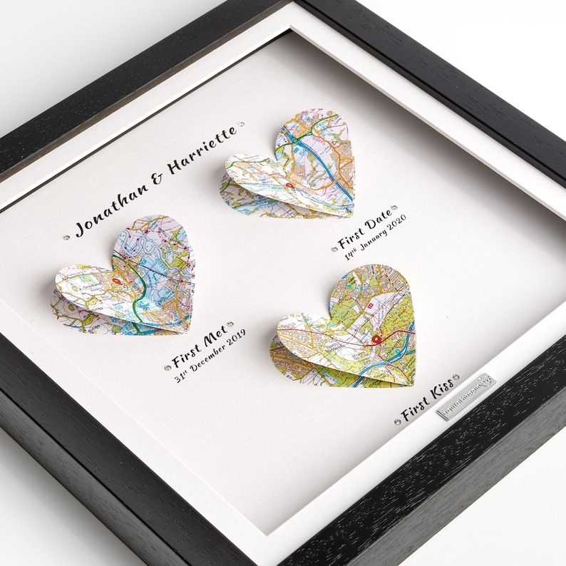First Met, First Date, First Kiss, Fiance Anniversary Gift Present - Personalised Maps Frame - OS Heart Maps Black Frame 3 Maps