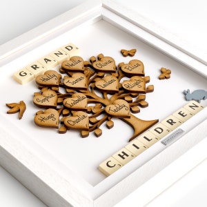 Beautiful Handmade Grand Children Family Tree Gift Frame in Glass Fronted, Solid Wood, Deep Box Frame