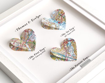 Map Art Gift, Personalised Artwork, 3D - WEDDING | ANNIVERSARY |  ENGAGEMENT Present Customised Heart Maps  Print. Wedding Gift, Christmas