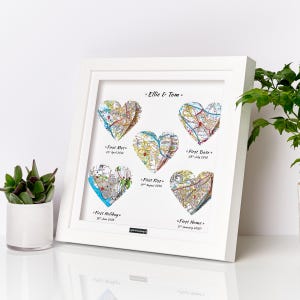 First Met, First Date, First Kiss, Fiance Anniversary Gift Present - Personalised Maps Frame - OS Heart Maps White Frame 5 Maps