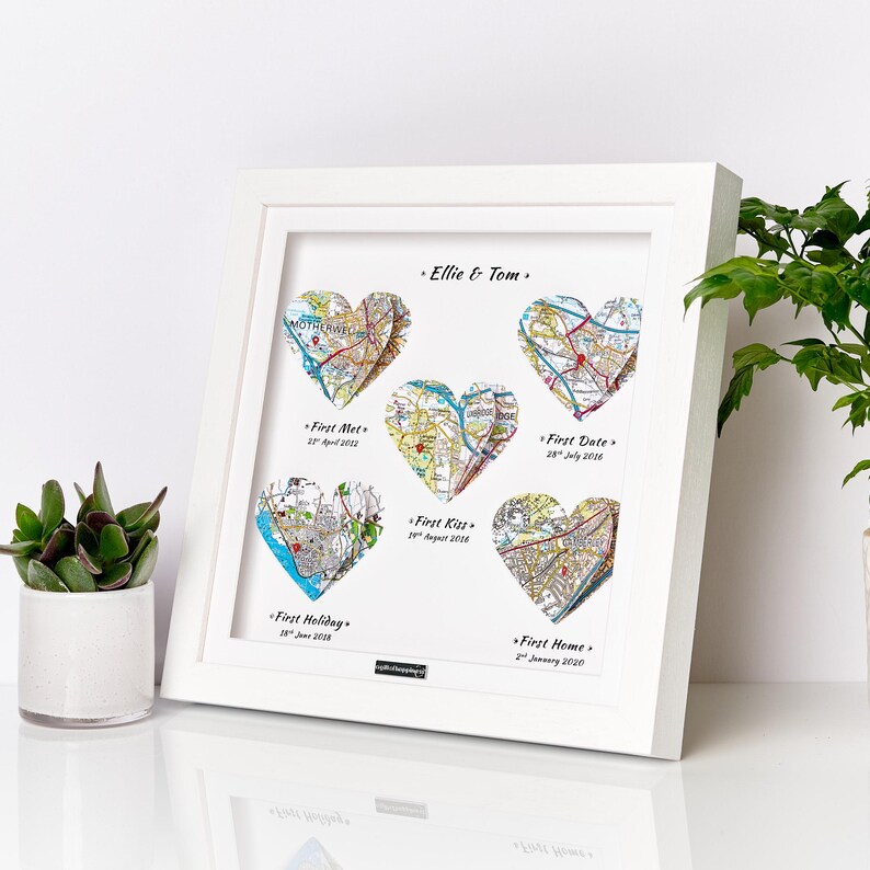 First Met, First Date, First Kiss, Fiance Anniversary Gift Present - Personalised Maps Frame - OS Heart Maps White Frame 5 Maps