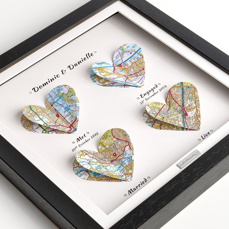 Cadeau van bruidegom tot bruid, cadeau van bruid tot bruidegom, op trouwdag, sentimenteel, gepersonaliseerd kaartcadeau in diepe doos glazen frame, herinneringen Black Frame 4 Maps