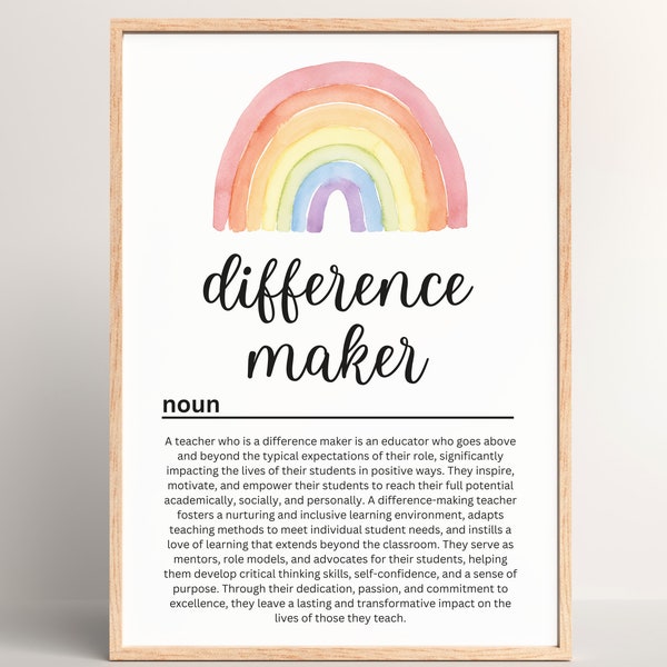 Difference Maker definition, Teacher Gift, printable wall art, digital download, teacher appreciation, thank you gift, last day of school