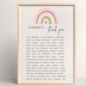 A Parents Thank You Card, Teacher Printable, Daycare, Kindy, Kindergarten, Nursery Downloadable Gift, Kindergarten teacher gift, Tote Bag