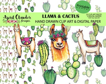 Lama en Cactus downloadbare illustraties en papier