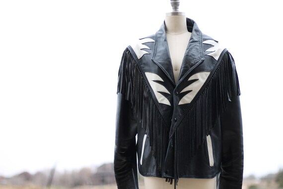 Vintage 80s Leather Fringe Black & White Western J