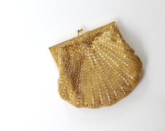 Vintage jaren 90 goudkleurige schelpentas met kralen