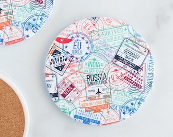 Passport Stamp Coasters and Wanderlust Decor for Travelers