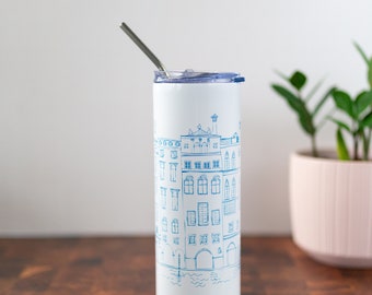 Italian Water Bottle with Straw, Italy, Stainless Steel Skinny Tumbler, Tumbler Cup, 30th Birthday Gift for Women