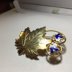 May include: A gold-coloured brooch with a maple leaf design. Two circular accents with blue enamel maple leaf details are attached. The brooch is likely made of metal and is a decorative accessory.