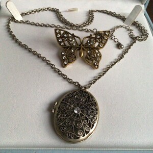 May include: A silver-toned metal necklace featuring an oval locket with an intricate filigree pattern and a single central clear stone. A matching butterfly-shaped brooch with clear rhinestones is positioned above the locket on the chain.