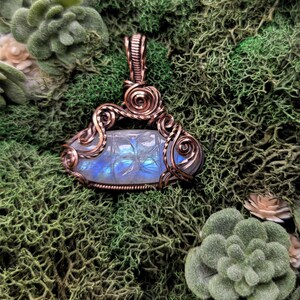 Carved Rainbow Moonstone Wire Wrapped Pendant Necklace
