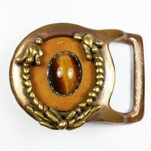 VTG 1976 Master Works Tiger Eye Stone Sun Palm Tree Scenery Abstract Brass Belt Buckle