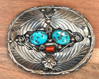 70's Oval Tsosie Heavy Navajo Turquoise Coral Stamped Sterling Silver Belt Buckle