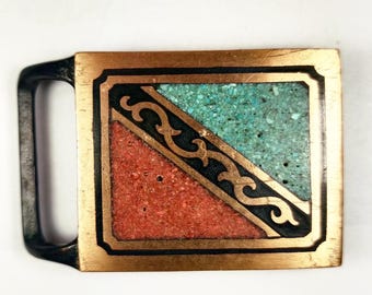 Vintage 1975 Tech Ether Guild Brass Belt Buckle: Turquoise  display picture 3