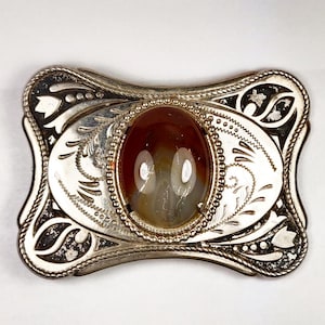 Western Silver Tone White Brown Agate Cabochon Stone Cowboy Belt Buckle