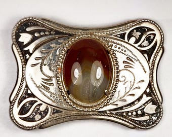 Vintage Western Stone Agate Cab Cabochon Etched Silver Gold Belt Buckle Vintage Western Stone Agate Cab Cabochon on Gold Tone Metal  main image 3