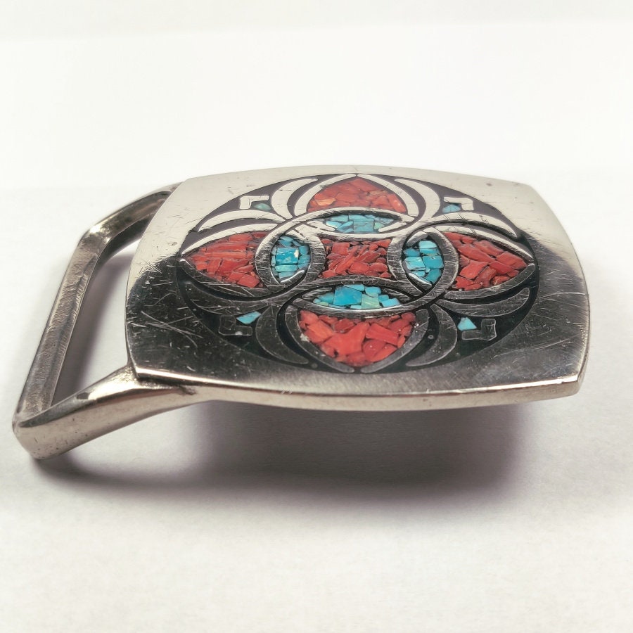 Tech Ether Rare Guild Seahorse, Limited Edition Turquoise Chip Inlay Belt Buckle Vtg 1975 Tech Ether Guild Turquoise Inlay Brass Belt Buckle  main image 2